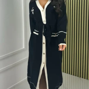 Tie Belt Cardigan Golden Buttons Stripe Detail