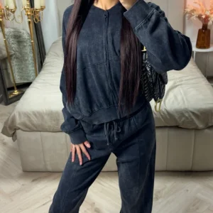 Acid Washed Zipper Cardigan + Wide Leg Trouser  Mid Line Set