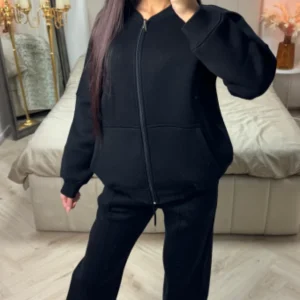 Oversized Basic Zipper Cardigan + Wide Leg Trouser Mid Line Set