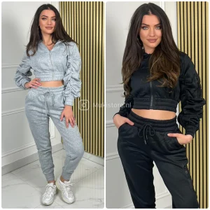 Jogging Set Crop Top Ruffle Sleeves Zip Detail