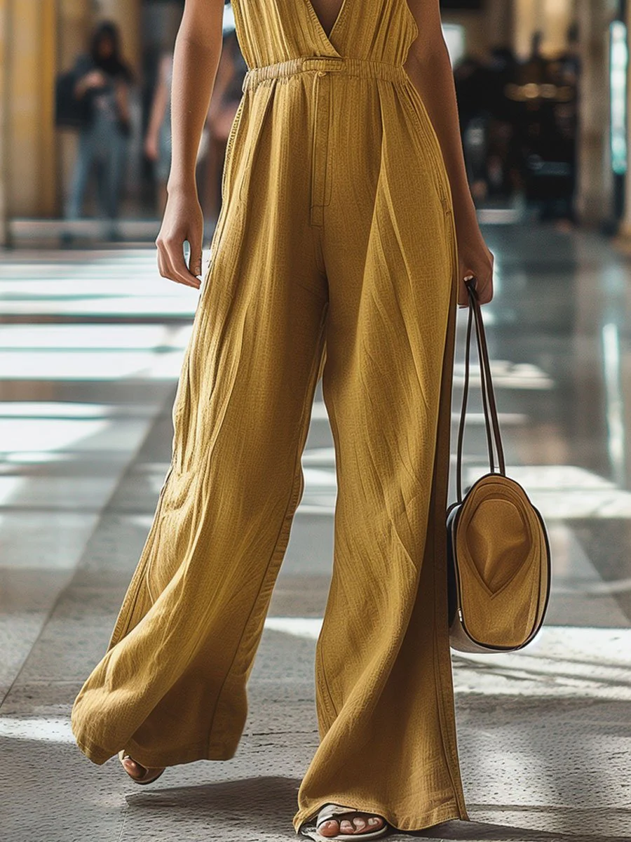 Elisa - Casual Denim Jumpsuit met V-hals en Elastische Taille | Retro Stijl Wijde Pijpen - Afbeelding 4