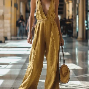 Elisa - Casual Denim Jumpsuit met V-hals en Elastische Taille | Retro Stijl Wijde Pijpen