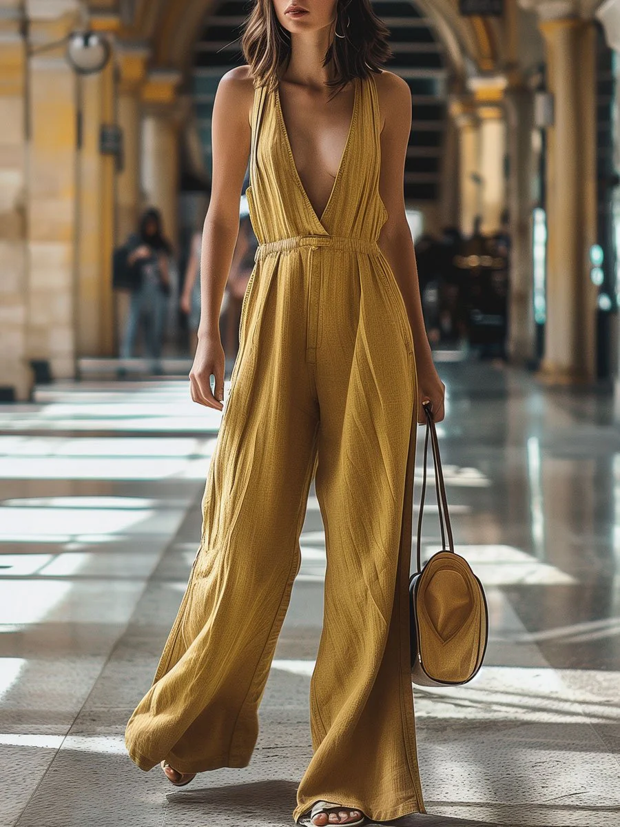 Elisa - Casual Denim Jumpsuit met V-hals en Elastische Taille | Retro Stijl Wijde Pijpen - Afbeelding 2