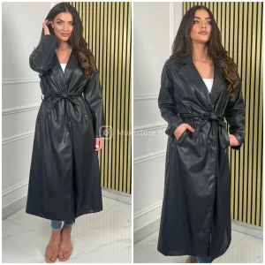 Leatherlook Tie Belt Buttons Trenhcoat