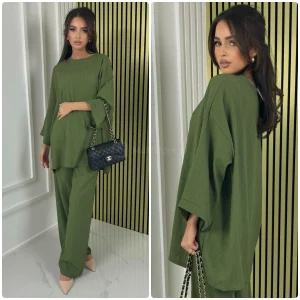 Long Sleeves Stripe Material Basic Wide Leg Set