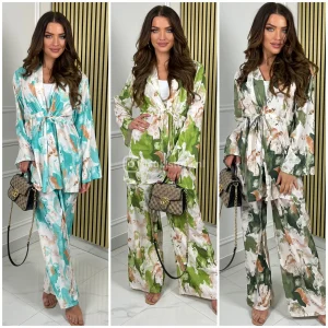 2psc Set Marble Print Tie Belt Vest Wide Legs