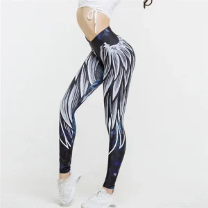 Blauwe yoga legging met verenprint