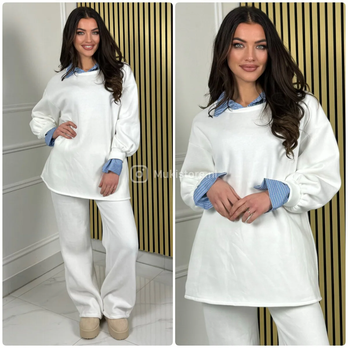 Oversized Blouse Detail Jogging Material Wide Leg Set - Afbeelding 4