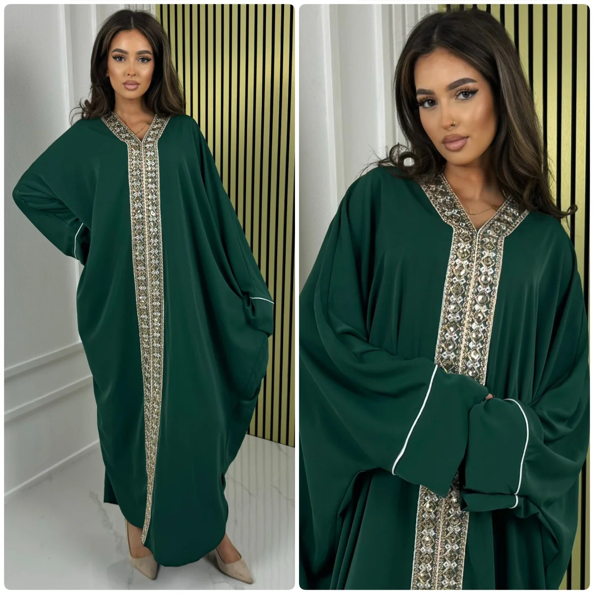 Oversized Golden Embroidery Mid Line Abaya Dress - Afbeelding 8