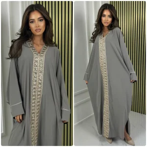 Oversized Golden Embroidery Mid Line Abaya Dress