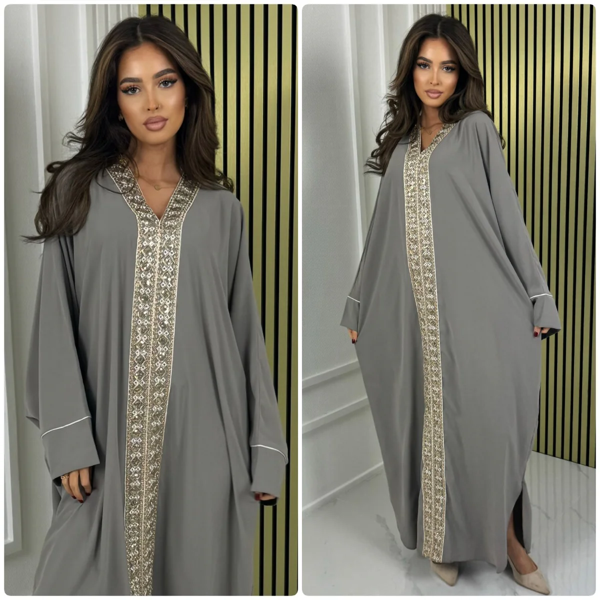 Oversized Golden Embroidery Mid Line Abaya Dress