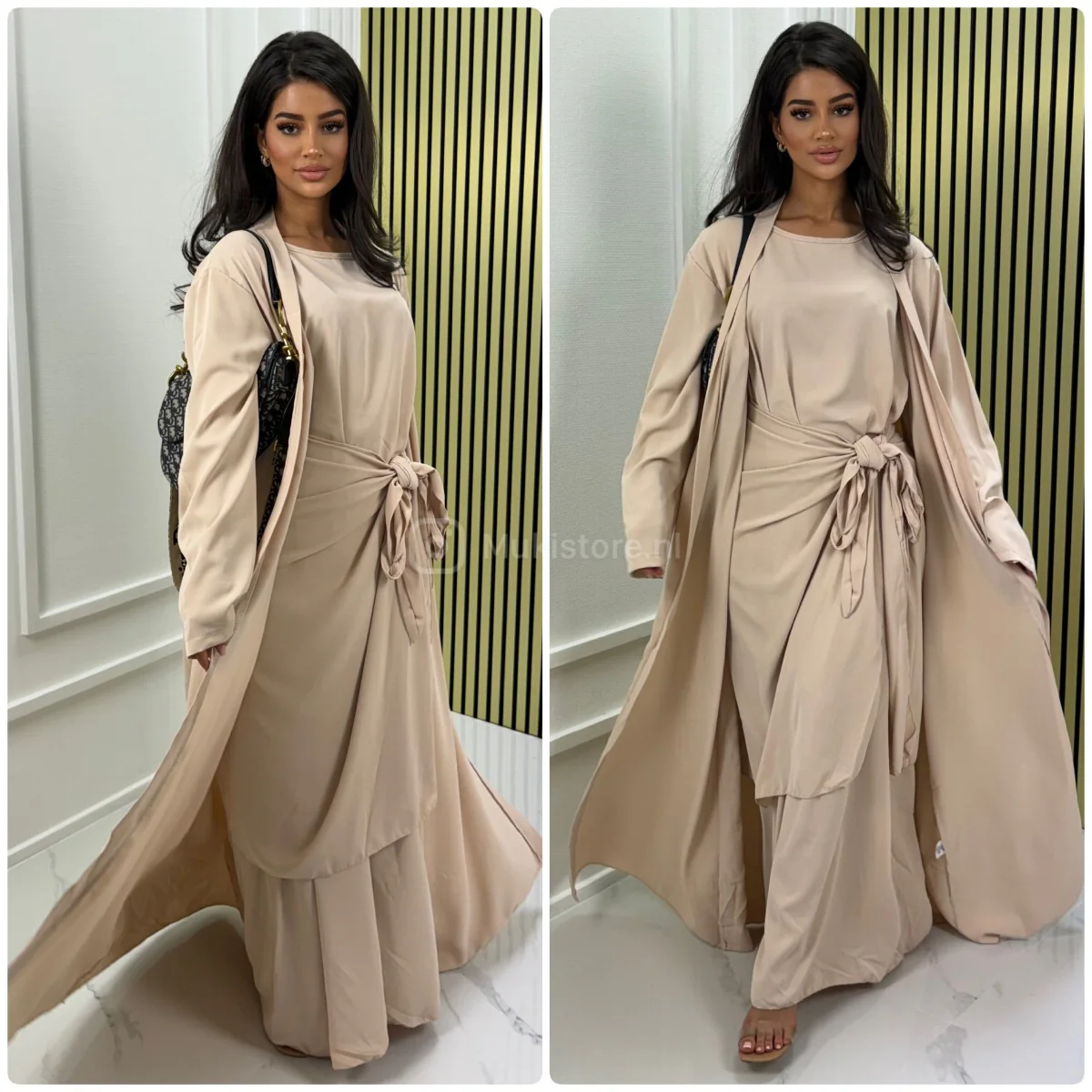 Oversized Kimono+ Dress +  Tie Belt Knot Waist Skirt Set - Afbeelding 3