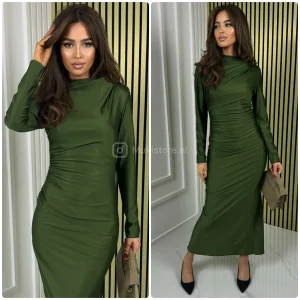 Pleated Taille Detail Glossy Dress