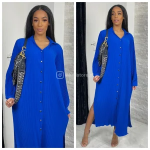 Maxi Plissé Blouse Dress Splits Golden Buttons