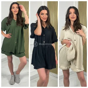 Plisse Golden Button Shirt + Skirt Set