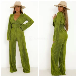 Shiny Ribbed Jumpsuit V Neck Waist Detail