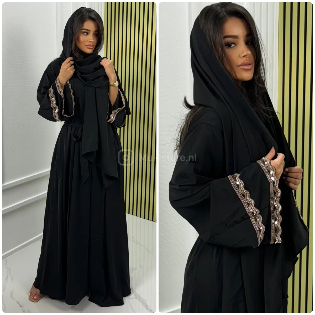 Premium Quality Kimono+Dress+Headscarf+Tie Belt Set Sleeve Detail - Afbeelding 2