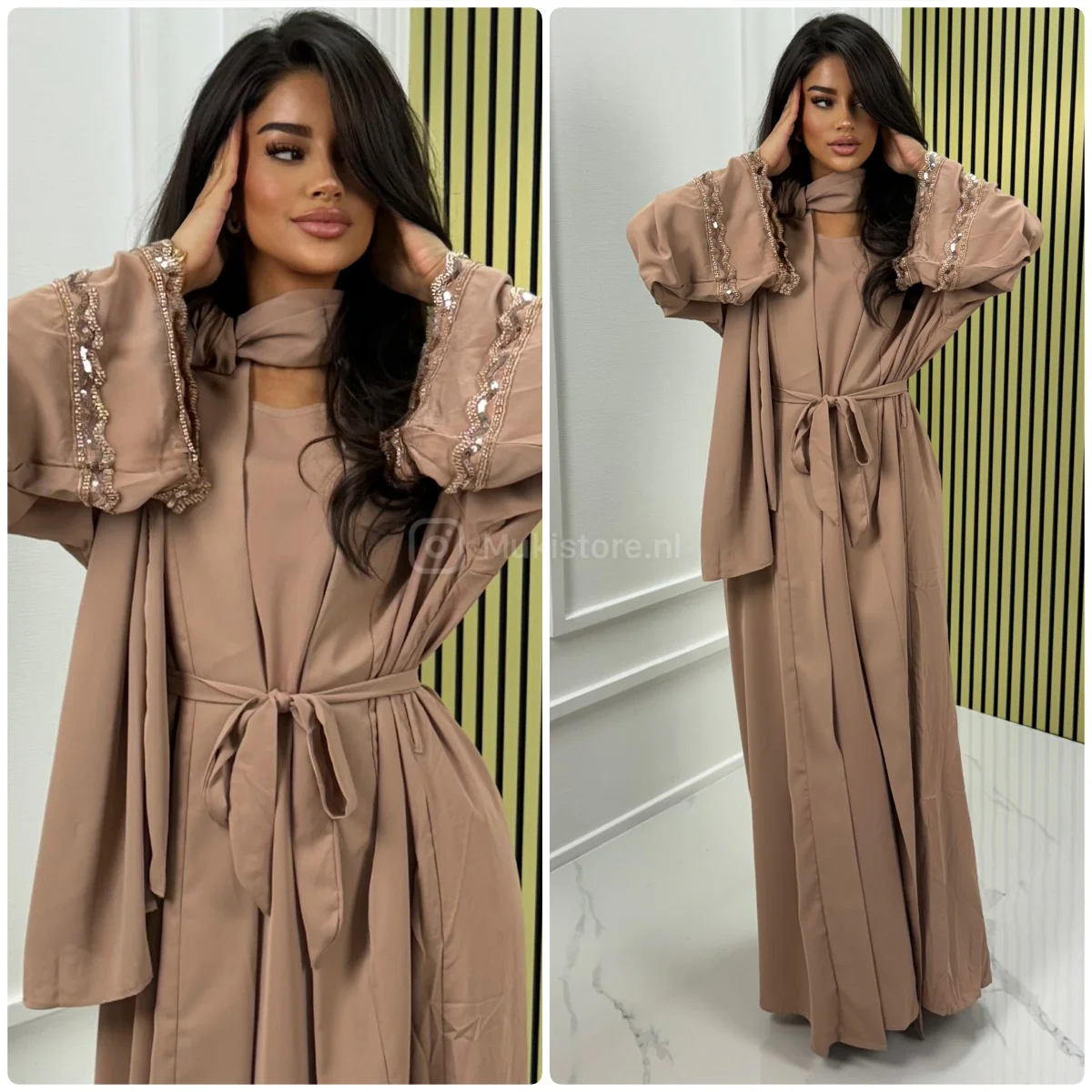 Premium Quality Kimono+Dress+Headscarf+Tie Belt Set Sleeve Detail - Afbeelding 5