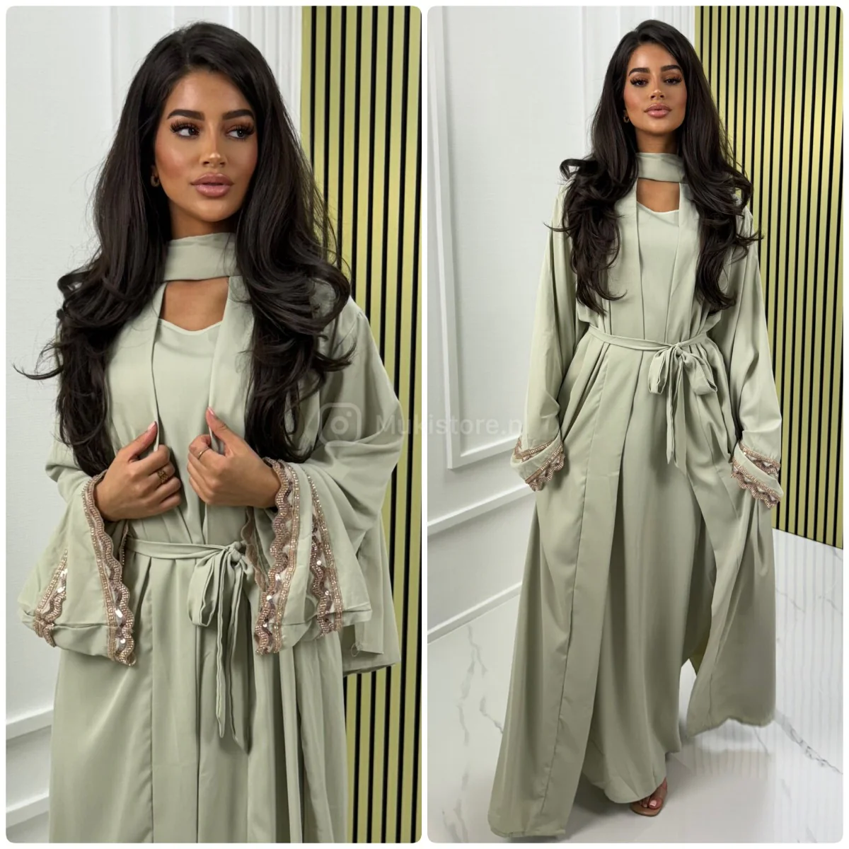 Premium Quality Kimono+Dress+Headscarf+Tie Belt Set Sleeve Detail - Afbeelding 3