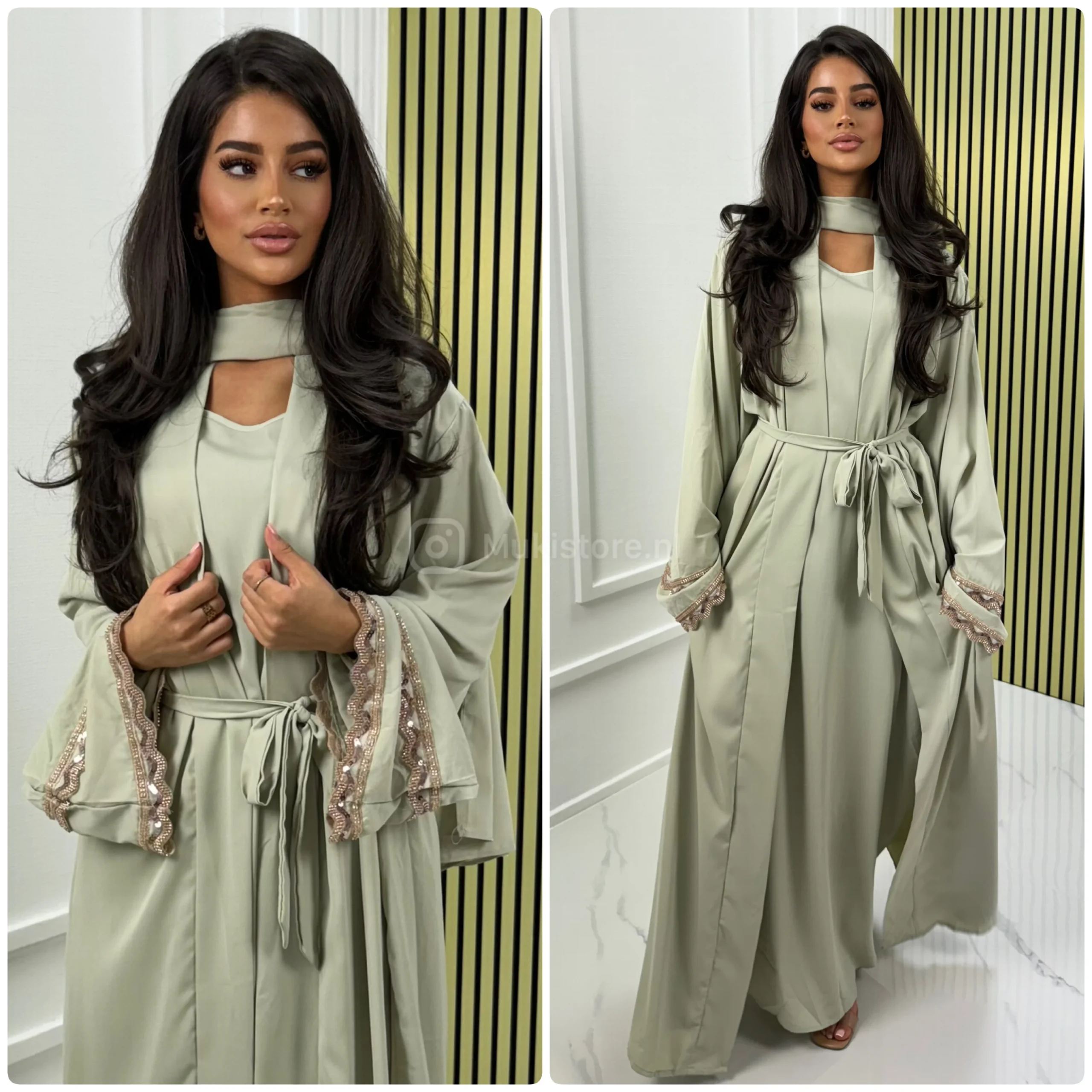 Premium Quality Kimono+Dress+Headscarf+Tie Belt Set Sleeve Detail - Afbeelding 9