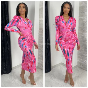 V Neck Printed Dress Taille Detail Shoulder Pads 7932-1