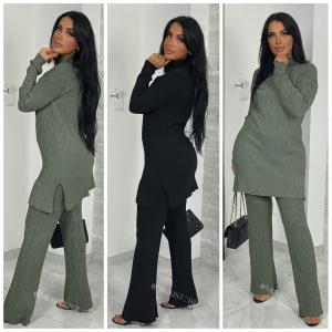 Ribbed High Neck Side Splits Long Wide Leg Set