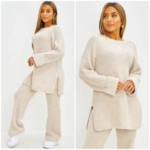 Round Neck Knitwear Wide Leg Basic Set 1501