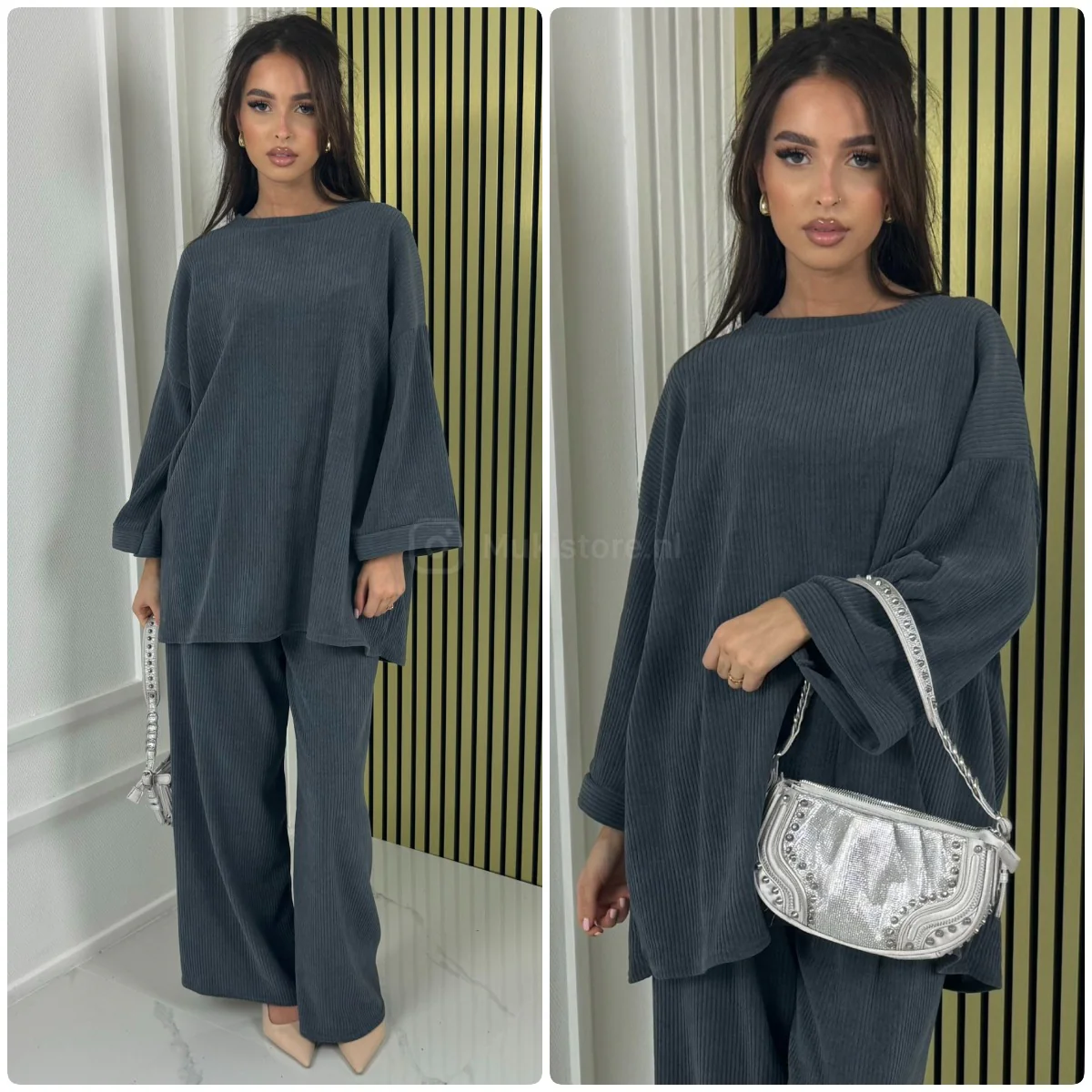 Round Neck Oversized Corduroy Wide Leg Set - Afbeelding 6