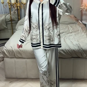 Satin Flower Print Blouse Set