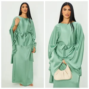 Satin Skirt Set Tie Belt Oversized Butterfly Top