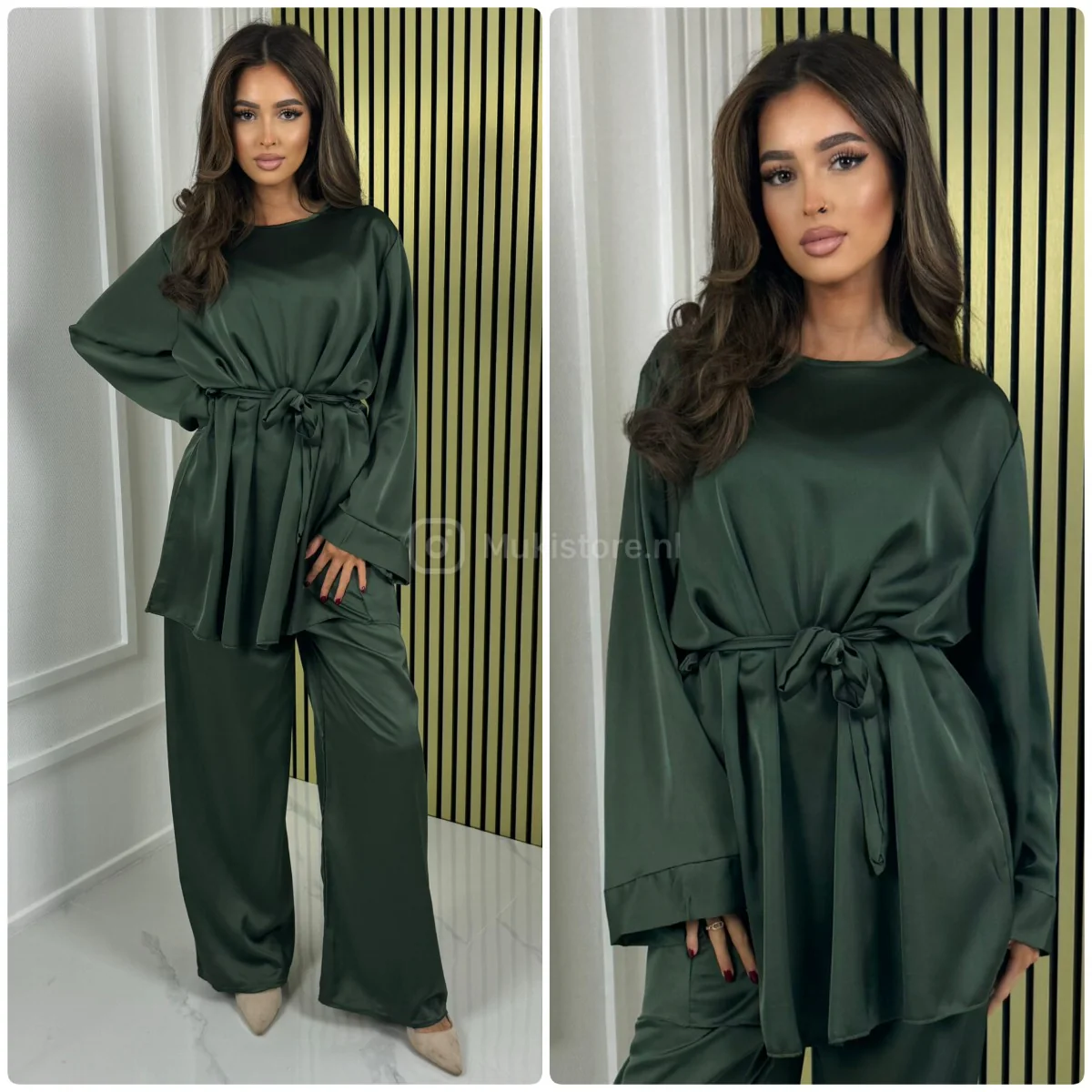 Satin Tie Belt Oversized Basic Wide Leg Set - Afbeelding 4