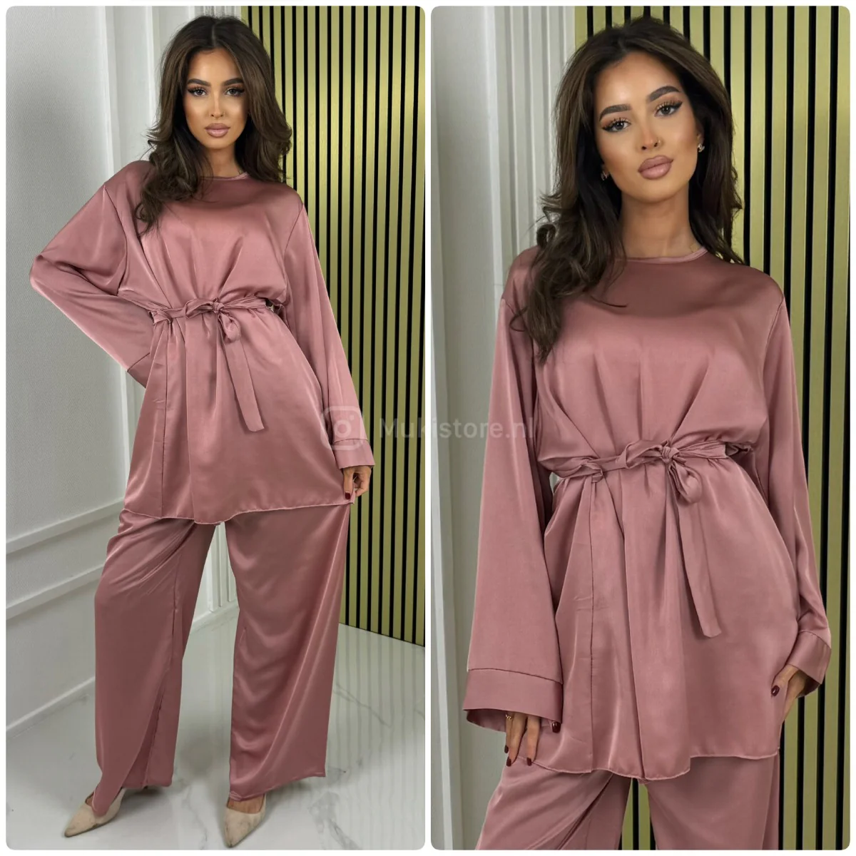 Satin Tie Belt Oversized Basic Wide Leg Set - Afbeelding 6