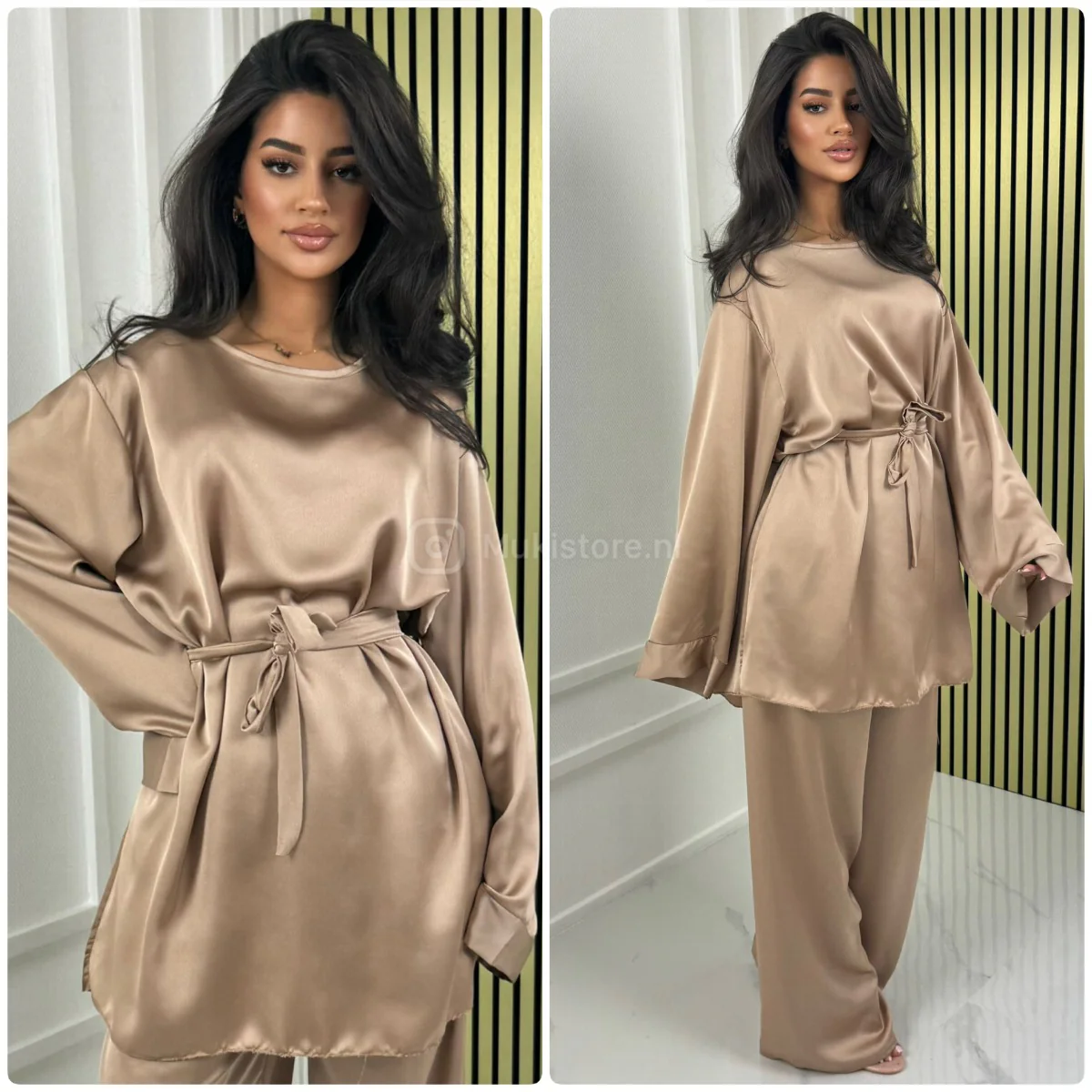 Satin Tie Belt Oversized Basic Wide Leg Set - Afbeelding 2