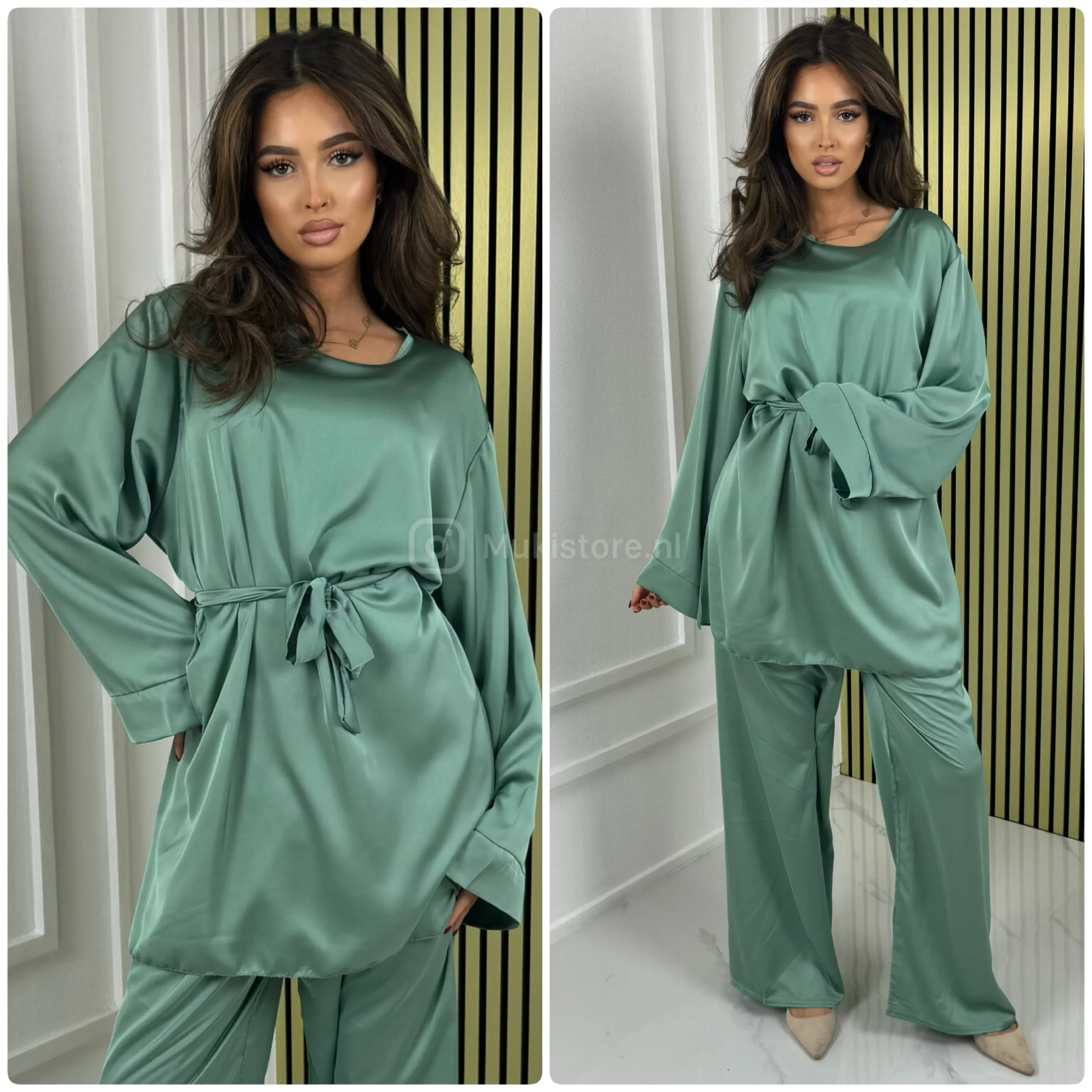 Satin Tie Belt Oversized Basic Wide Leg Set - Afbeelding 8