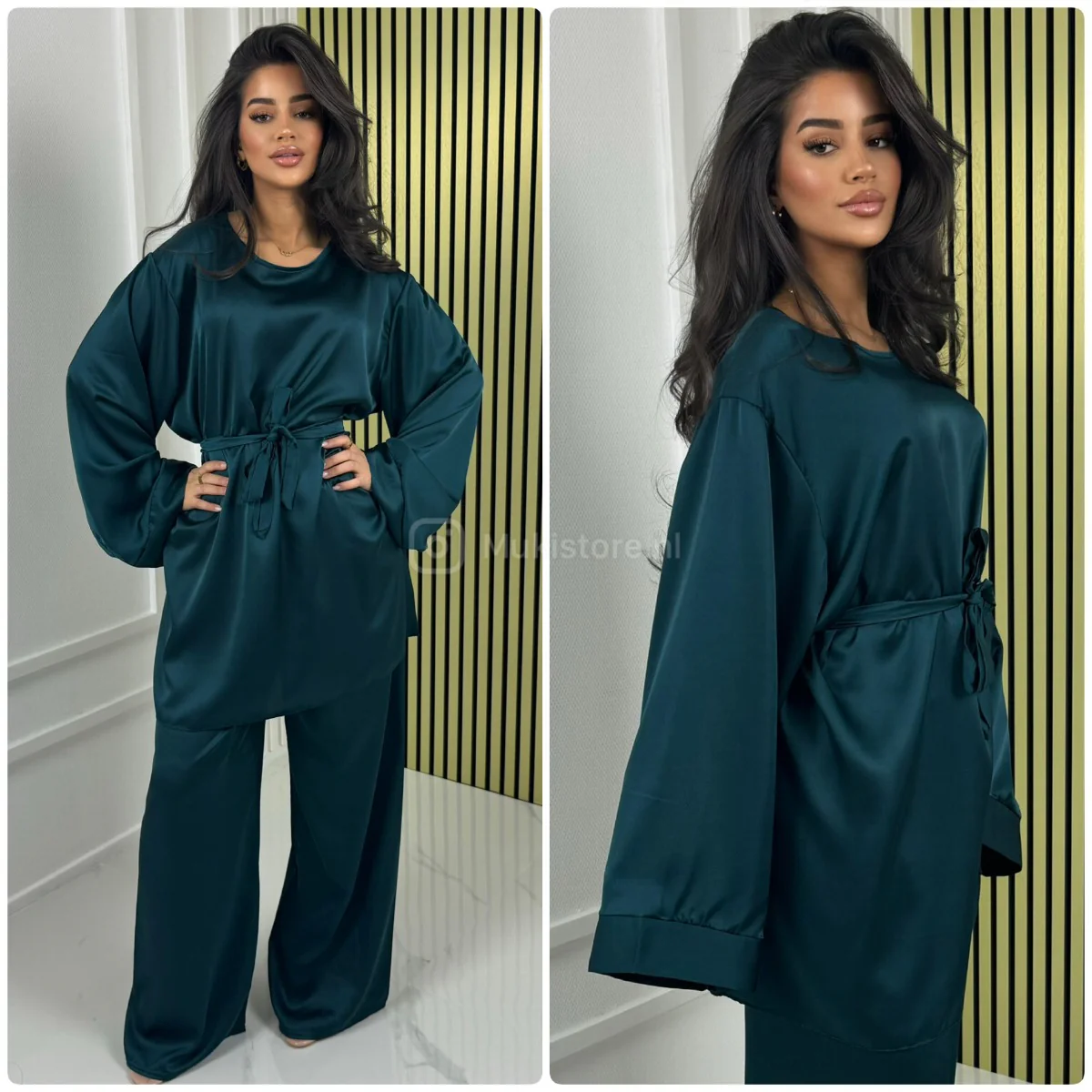 Satin Tie Belt Oversized Basic Wide Leg Set - Afbeelding 3