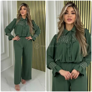 Shiny Details Blouse Ruffle Sleeve Wide Leg Set