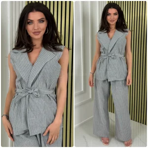 Sleeveless Linenstyle Tie Belt Blazer Set