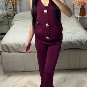 Sleeveless Summer Knit Set Golden Button Detail