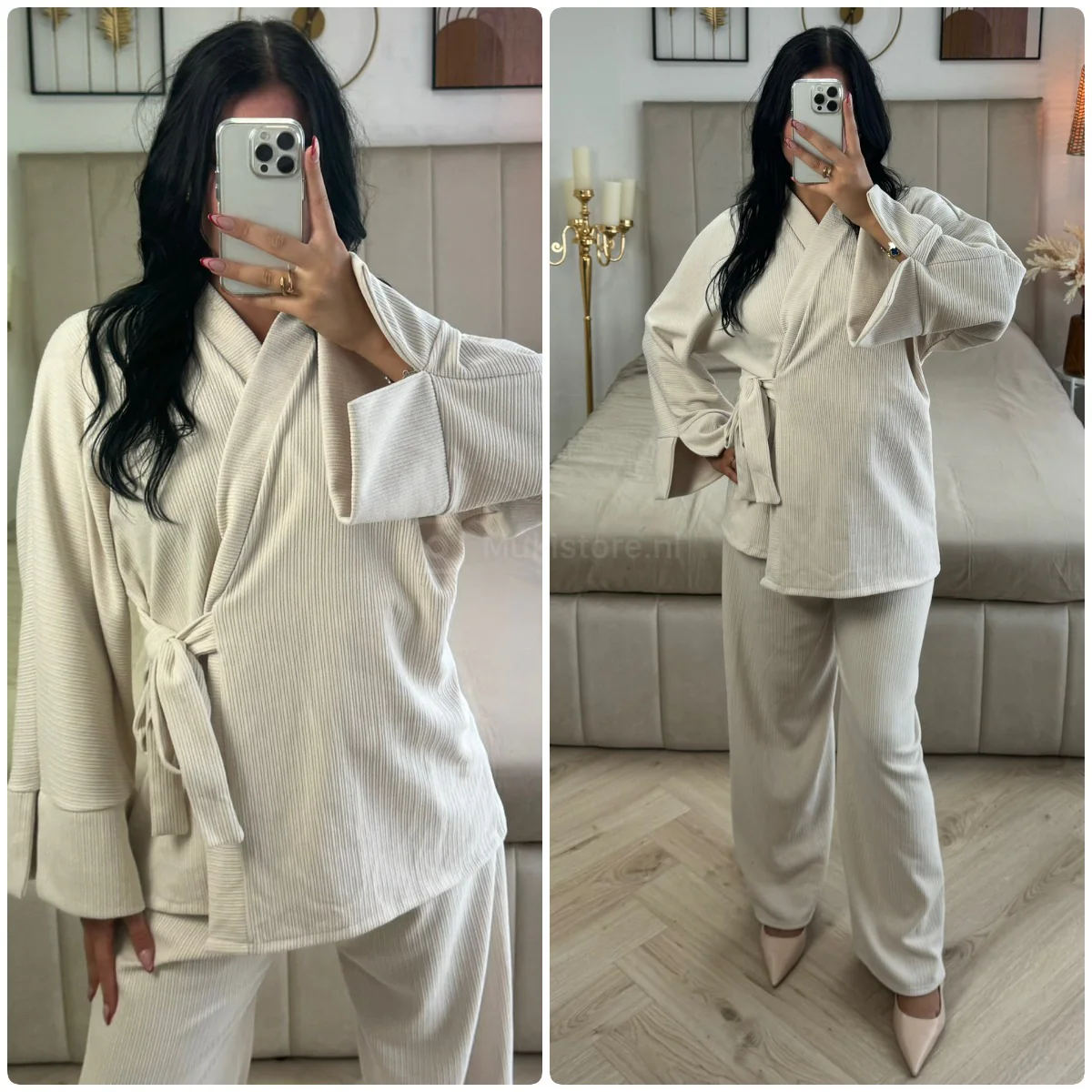 Slit Sleeve Tie Belt Cardigan Thick Ribbed Corduroy Set - Afbeelding 5