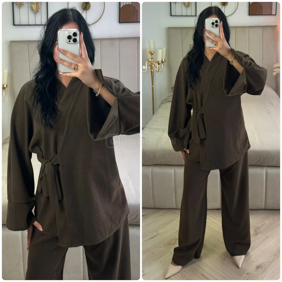 Slit Sleeve Tie Belt Cardigan Thick Ribbed Corduroy Set - Afbeelding 6