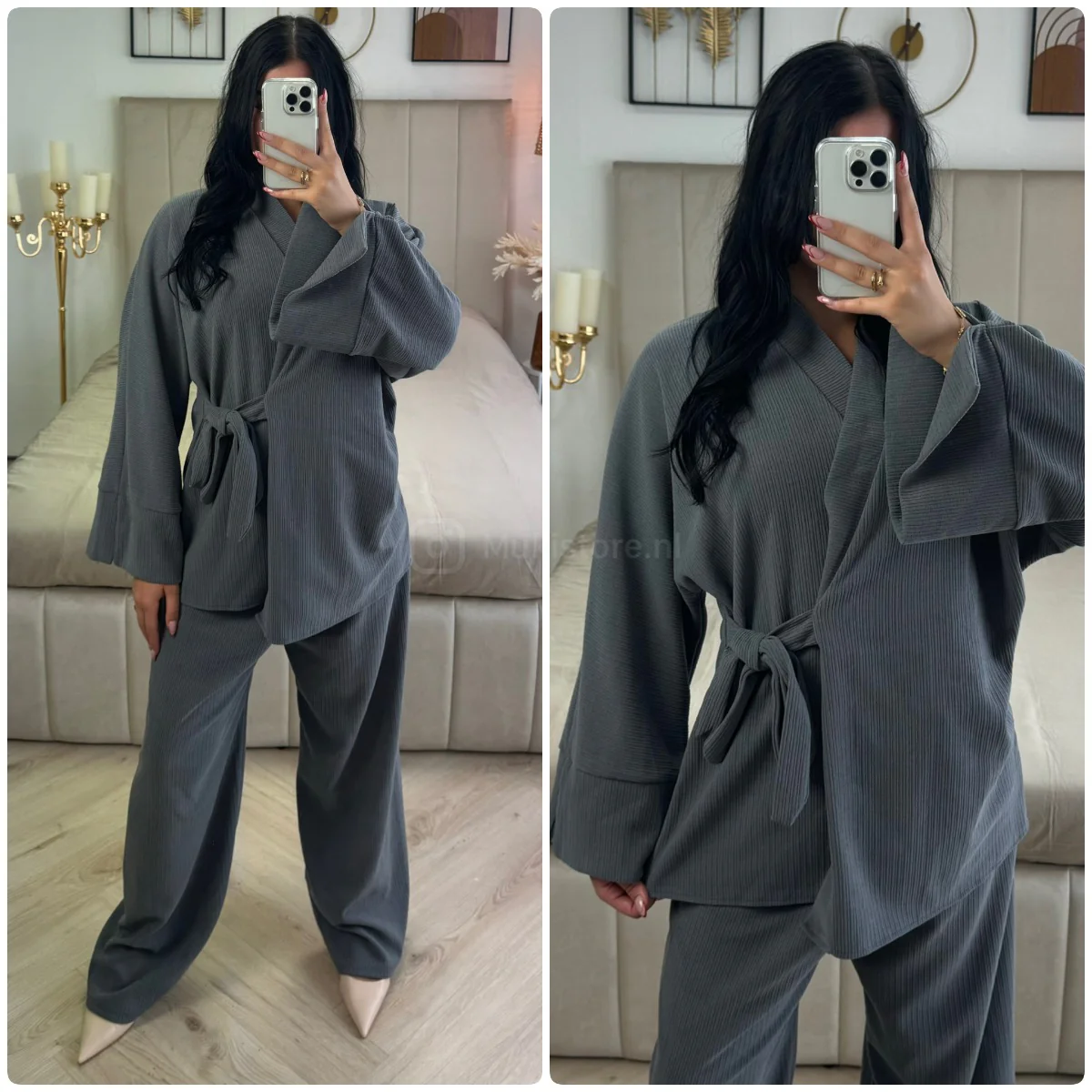 Slit Sleeve Tie Belt Cardigan Thick Ribbed Corduroy Set - Afbeelding 7