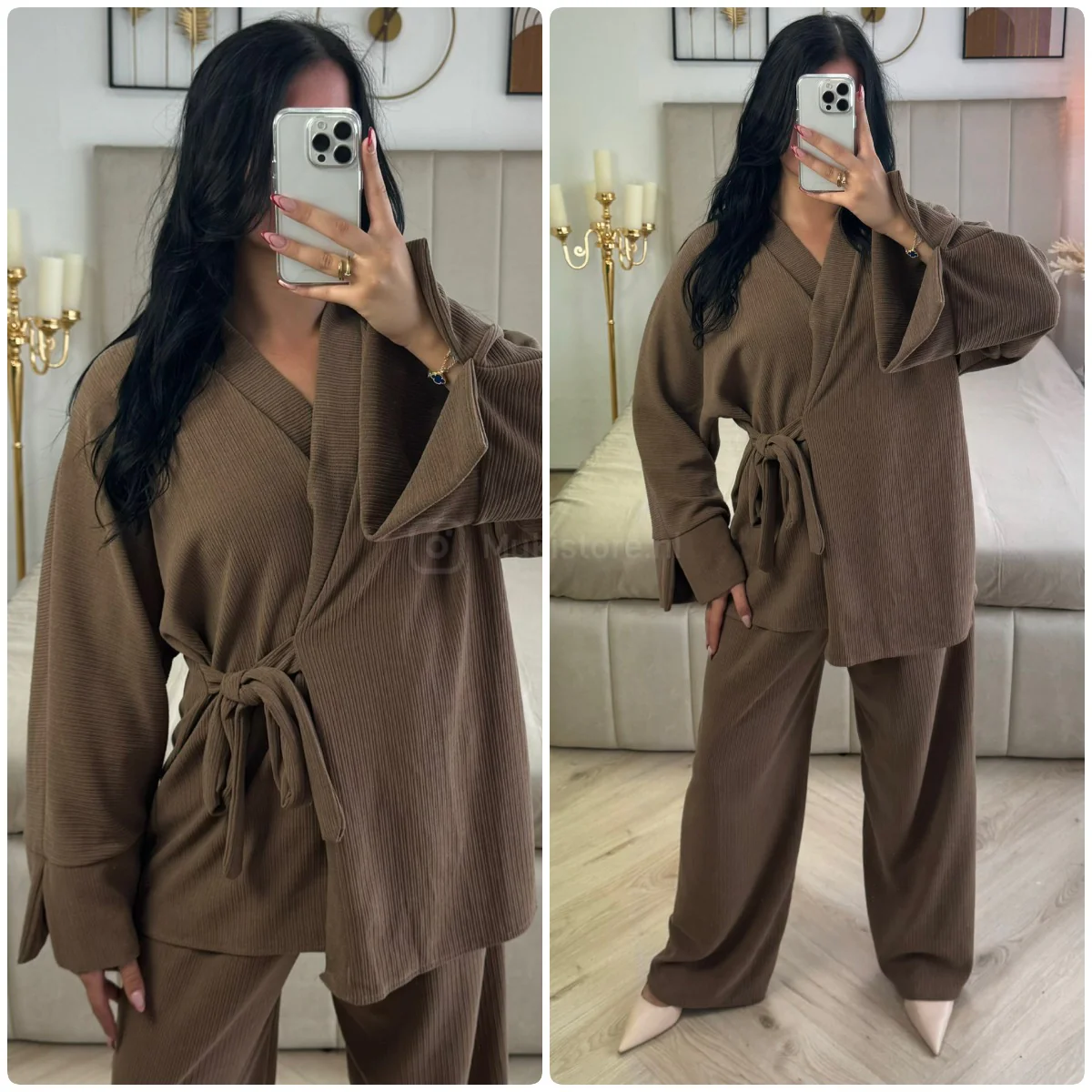 Slit Sleeve Tie Belt Cardigan Thick Ribbed Corduroy Set - Afbeelding 2