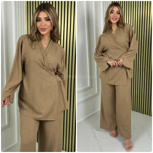 Slit Sleeve Wrapped Tie Belt Wide Leg Set