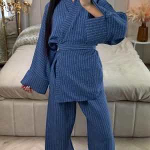 Striped Cardigan Tie Belt Set Split Detail