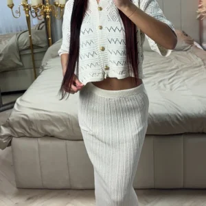 Summer Knit Golden Button Crop Top + Skirt