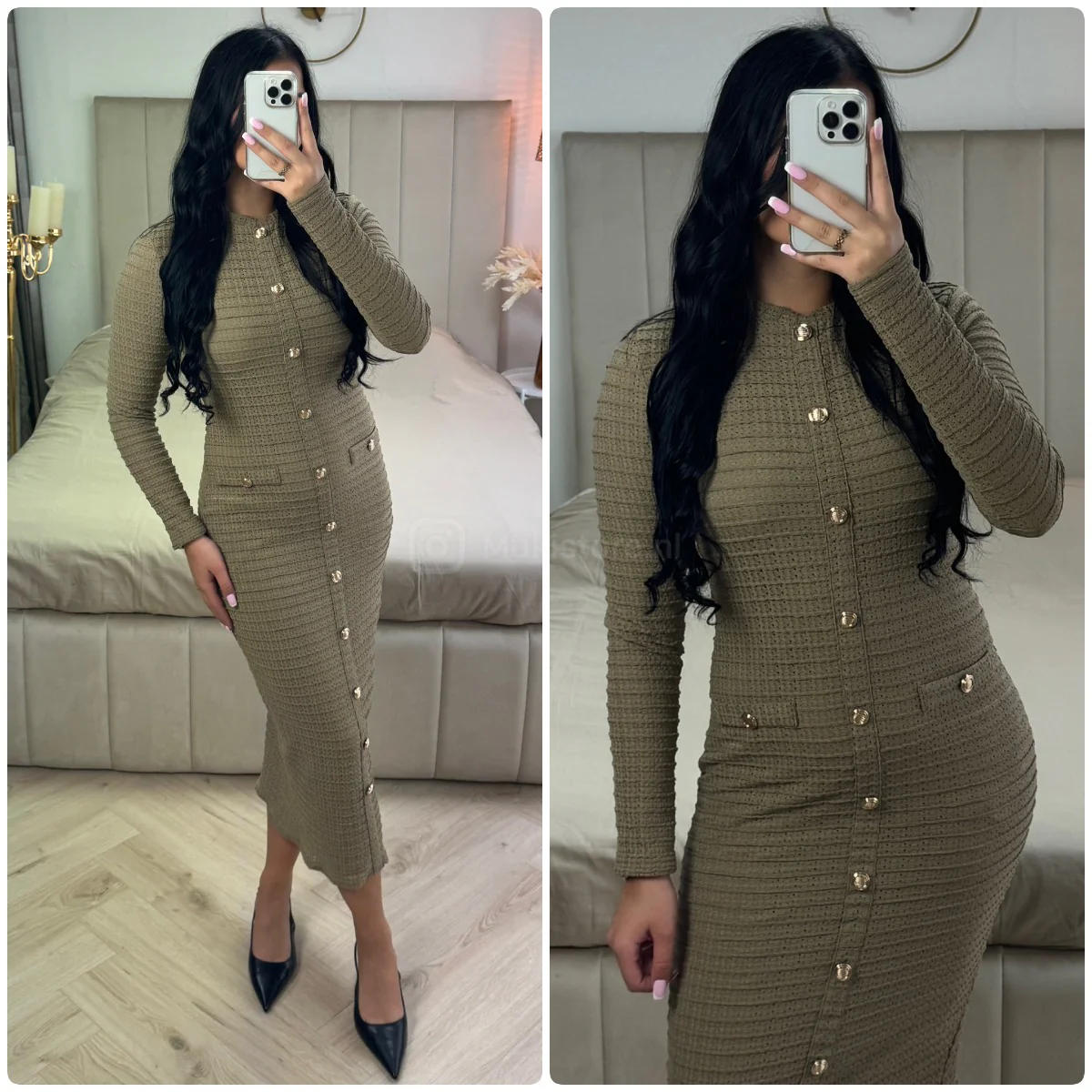 Textured Long Dress Golden Buttons - Afbeelding 5