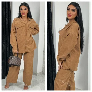 Thick Ribbed Wide Leg Blouse Set