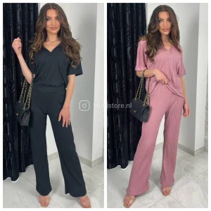 Thin Ribbed Collar Detail Wide Leg Set