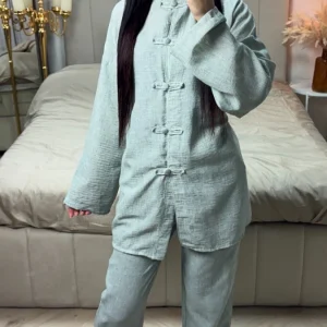 Tie Belt Cardigan Button + Pants Linnenlook Set