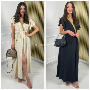 Tie Belt Dress Golden Neck Front Split Ruffle Sleeves